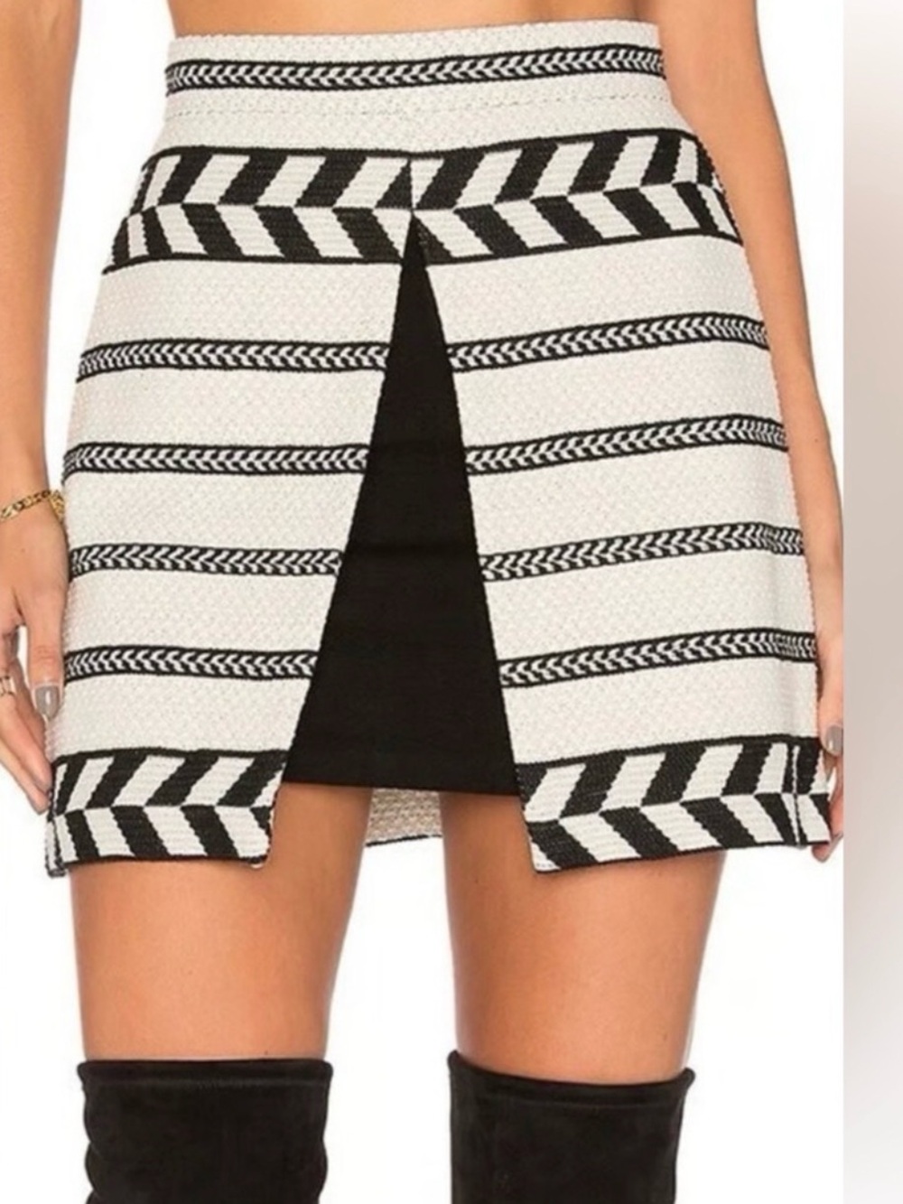 Alice + Olivia Black and White Striped Front-Slit Mini Skirt